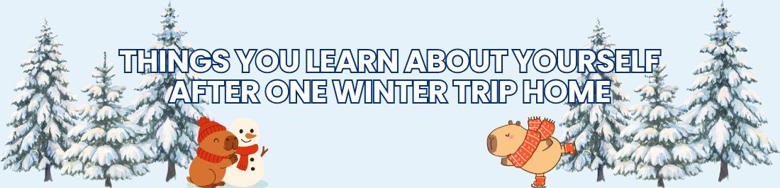 Winter blog header showing a woman looking out of a car window in a snowy landscape with the text “Things you learn about yourself after one winter trip home”